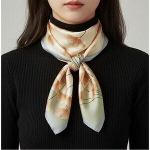 ❤️New Elegant Bandana Square Scarf Satin Silky Soft Luxurious Green Beige Floral